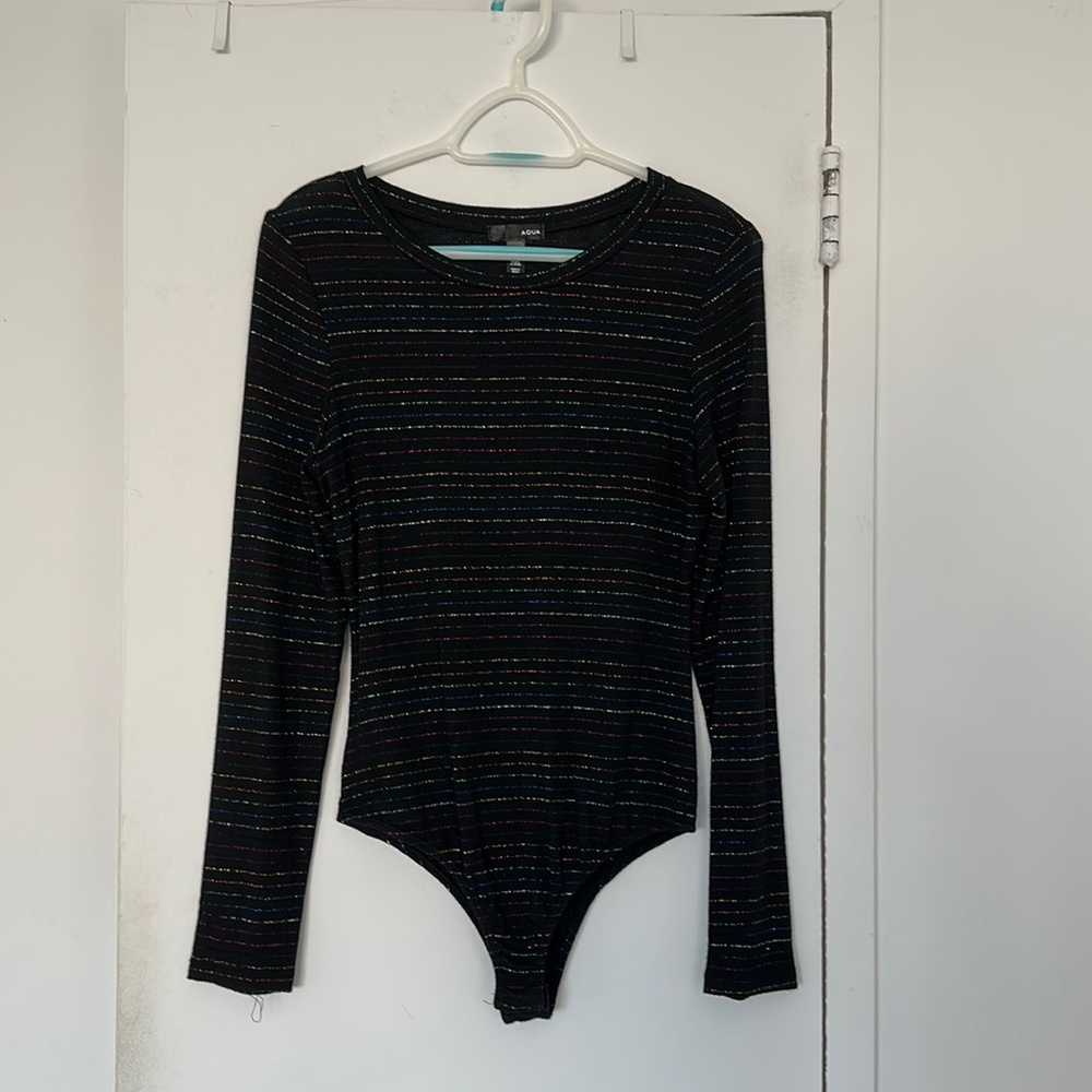 Aqua Bodysuit with Metallic Multicolor Stripes